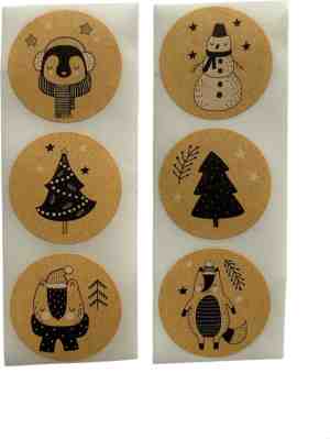 Foto: 36 kerst stickers merry christmas 6 stuks per motief sneeuwpop kerstboom diertjes ster mat zwart wit beige doorsnede 2 5 cm