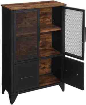 Foto: Mira home   opbergkast   boekenkast met 4 metalen deuren   industrieel   spaanplaat   bruinzwart   70x33x100