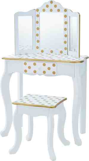 Foto: Teamson kids houten kaptafel kinderen tafel en stoel set polka dot wit goud
