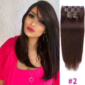 Foto: Frazimashop braziliaanse remy 18 inch steil haar clip in extensions kleur 2 darkbrown 100 human hair 120 gram 10 stuks
