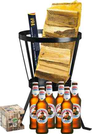 Foto: Birra moretti zero alcoholvrij bier met vuurkorf brandhout lucifers en firestarter een warm cadeau 
