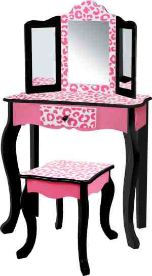 Foto: Teamson kids houten kaptafel kinderen tafel en stoel set luipaard print roze zwart